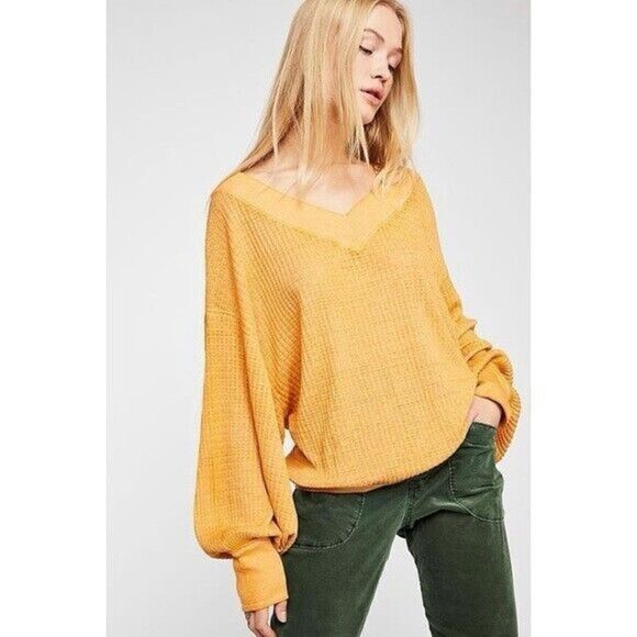 Free People We The Free South Side Thermal Waffle Knit Top XS Yellow - Picture 1 of 9
